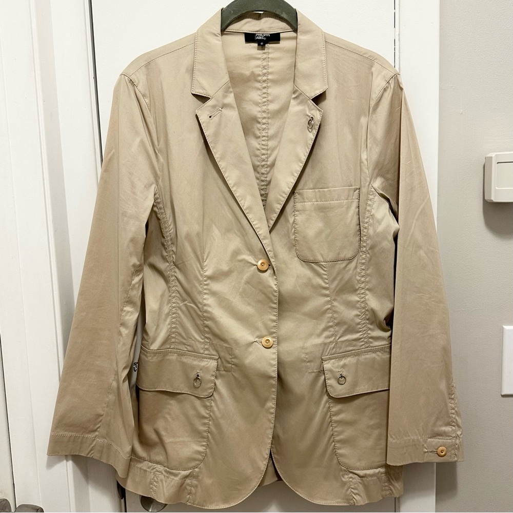 Philippe Adec Paris Khaki Tan Blazer Jacket Women’s 6 Unique Buttons Pockets